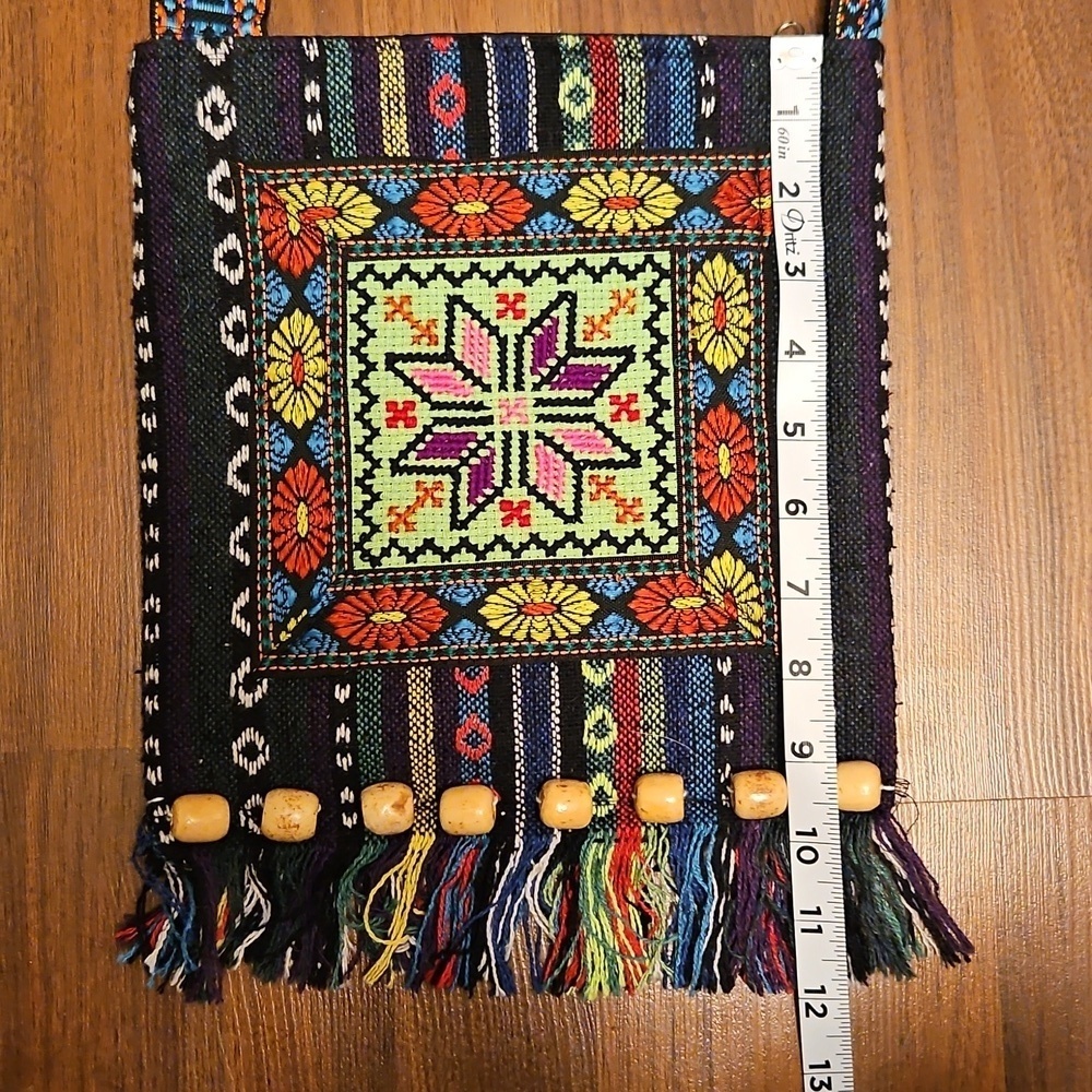 Boho Crossbody Bag Aztec/Mexican Design w Fringe & Wooden Beads Woven Pattern - Picture 10 of 10